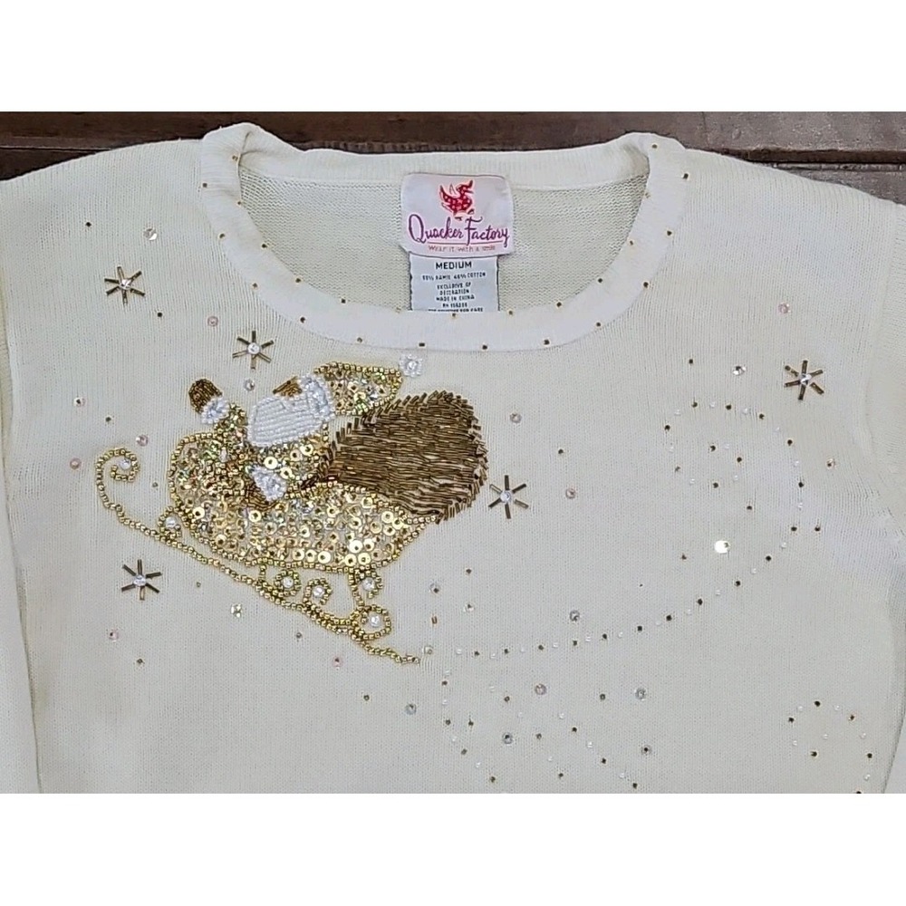 Quacker Factory Cream/Gold Knit Beaded‎ Holiday Christmas Cardigan Sweater Sz M